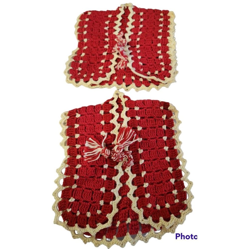 2 Cotton Crochet Potholder Trivet Dishsoap Bottle Vests Robes Red Tan MCM RARE